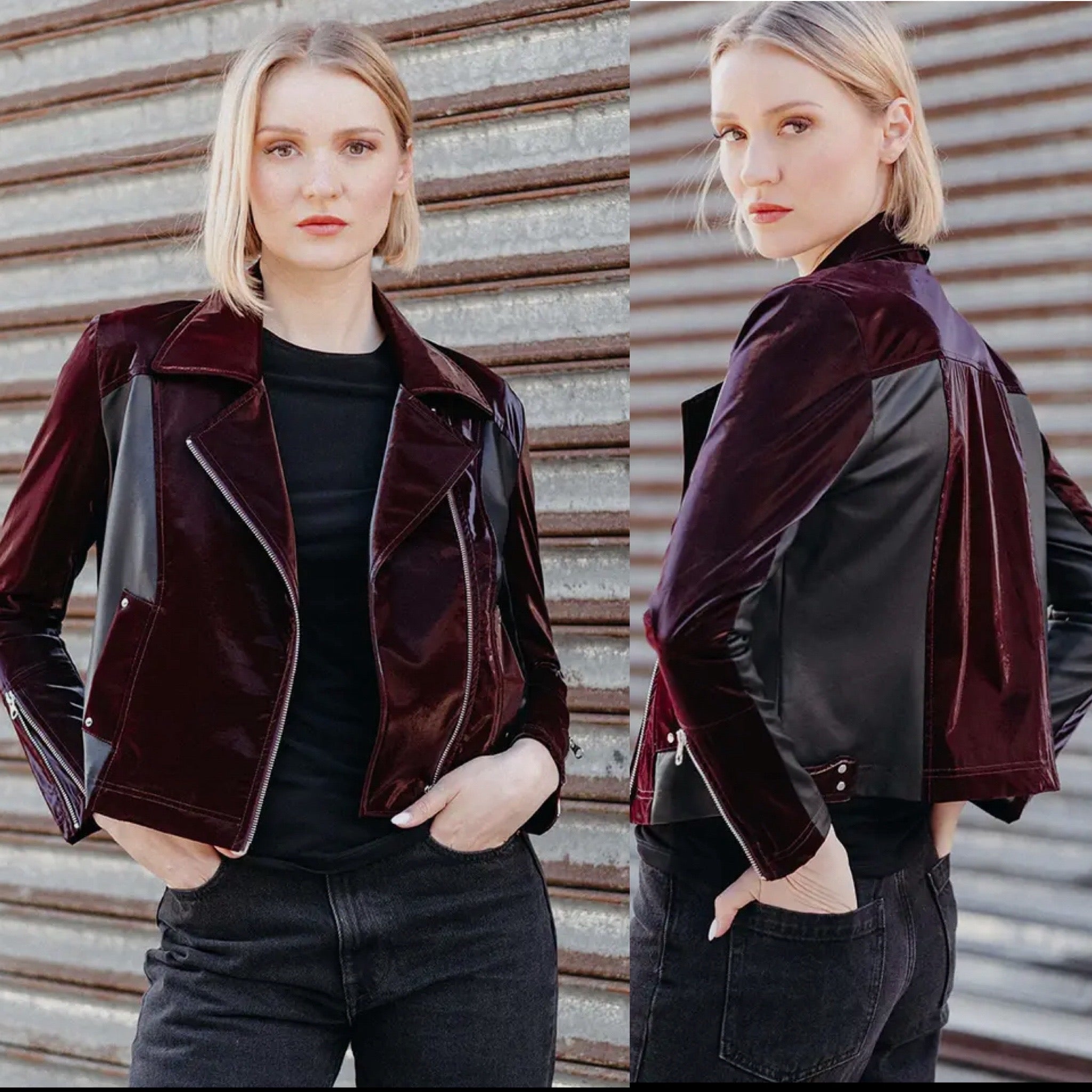 Clara Vinyl, Liquid Leather ™ Panel Zip Cuff Pocket Jacket