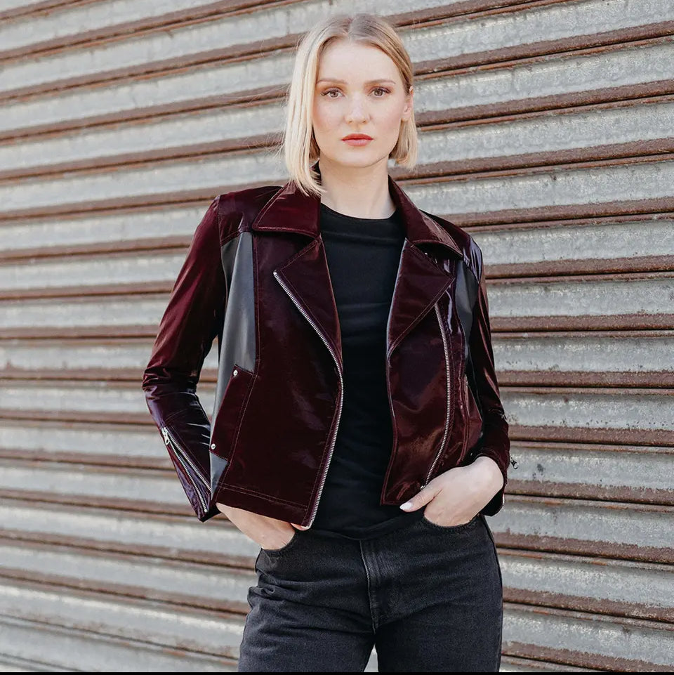 Clara Vinyl, Liquid Leather ™ Panel Zip Cuff Pocket Jacket