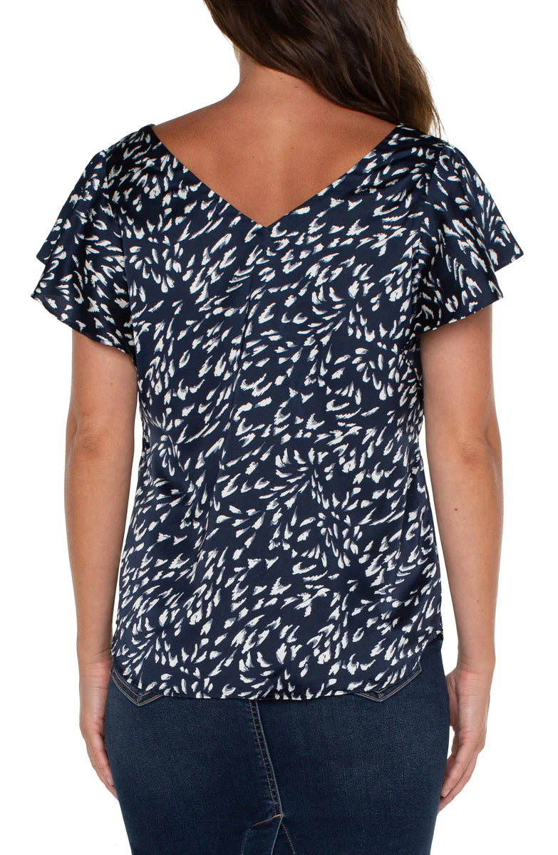 LPLA Navy Print Flutter Sleeve Blouse