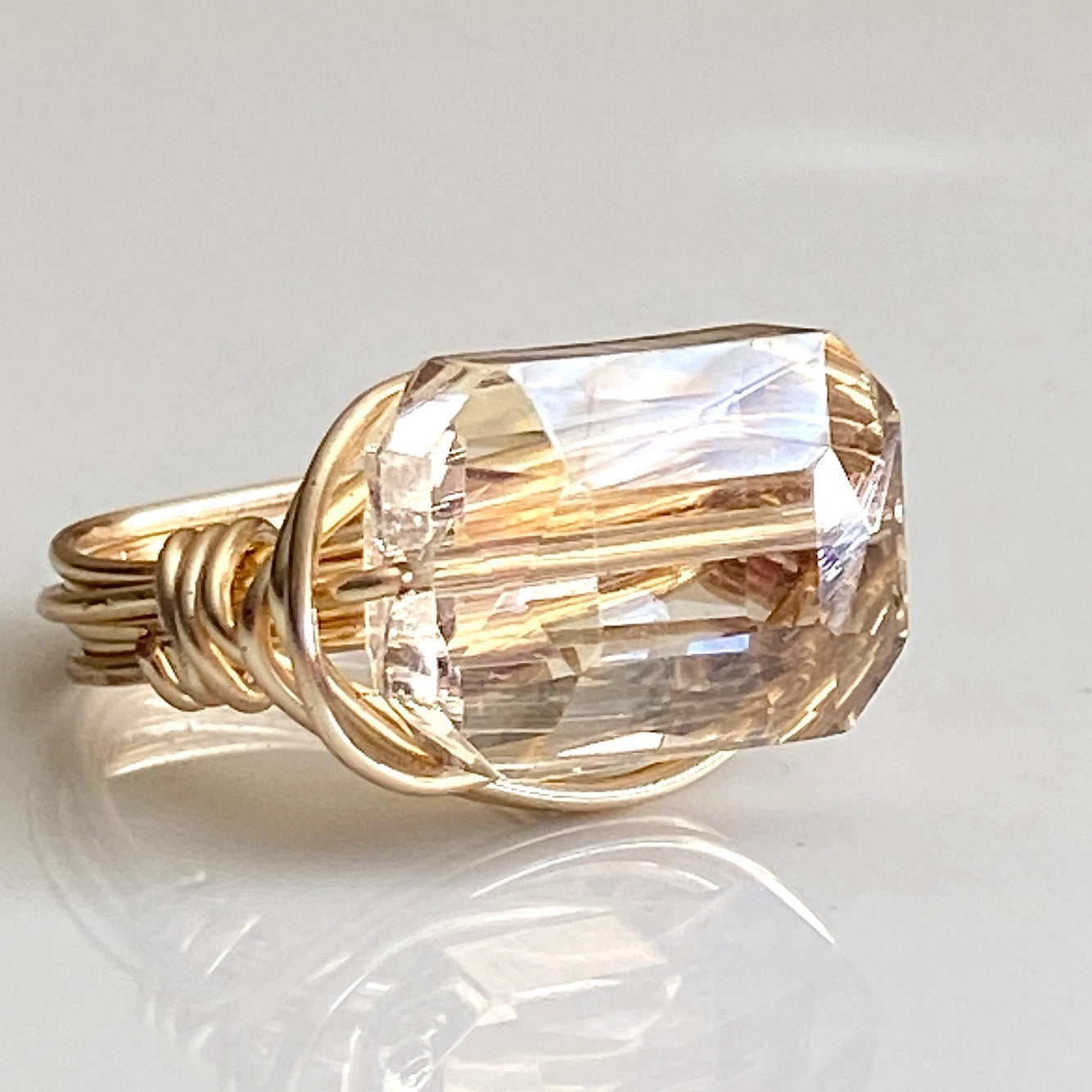 MD Champagne Crystal gold wire wrapped ring