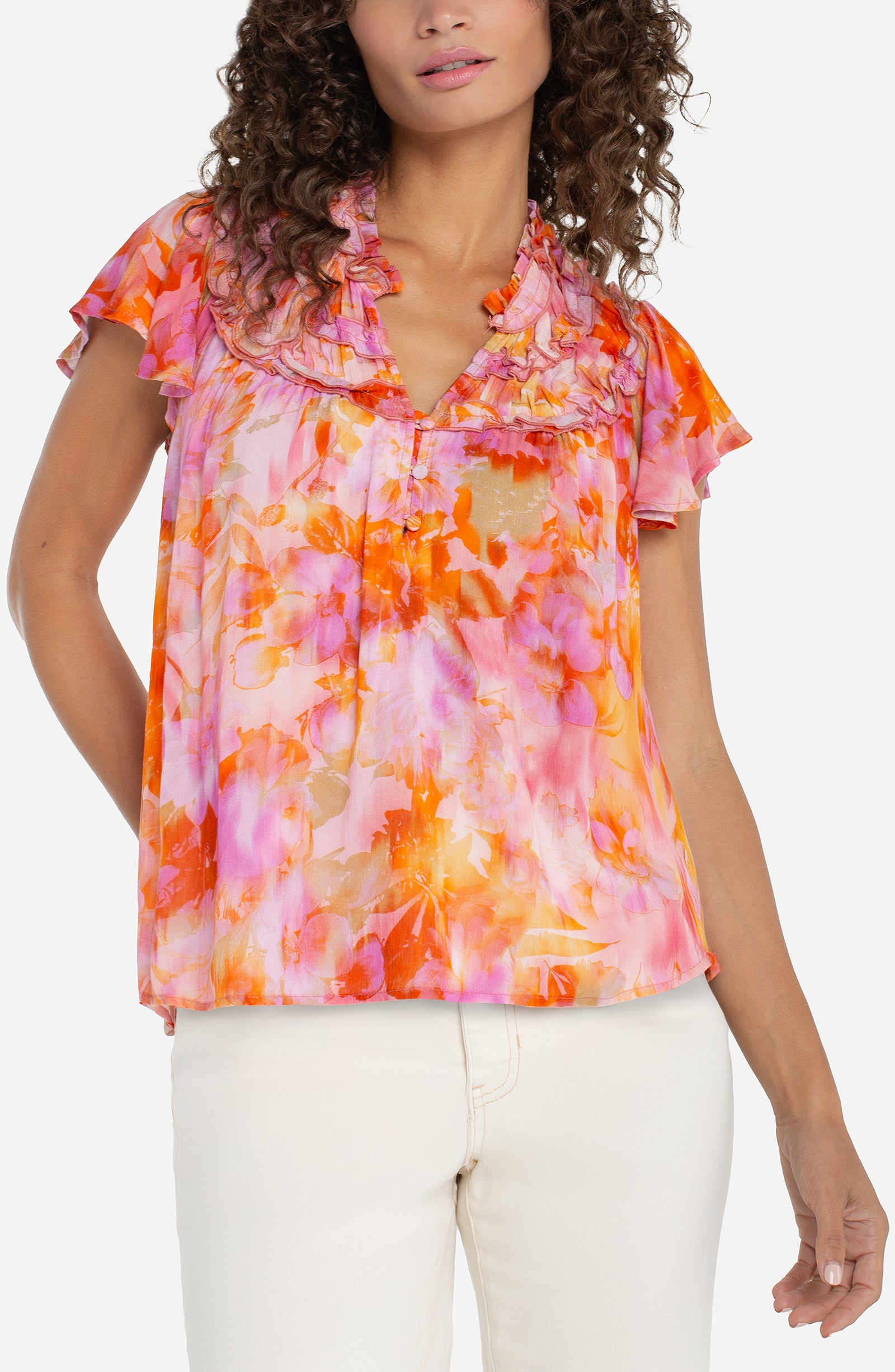 LPLA Orange/Pink Flutter Sleeve Blouse