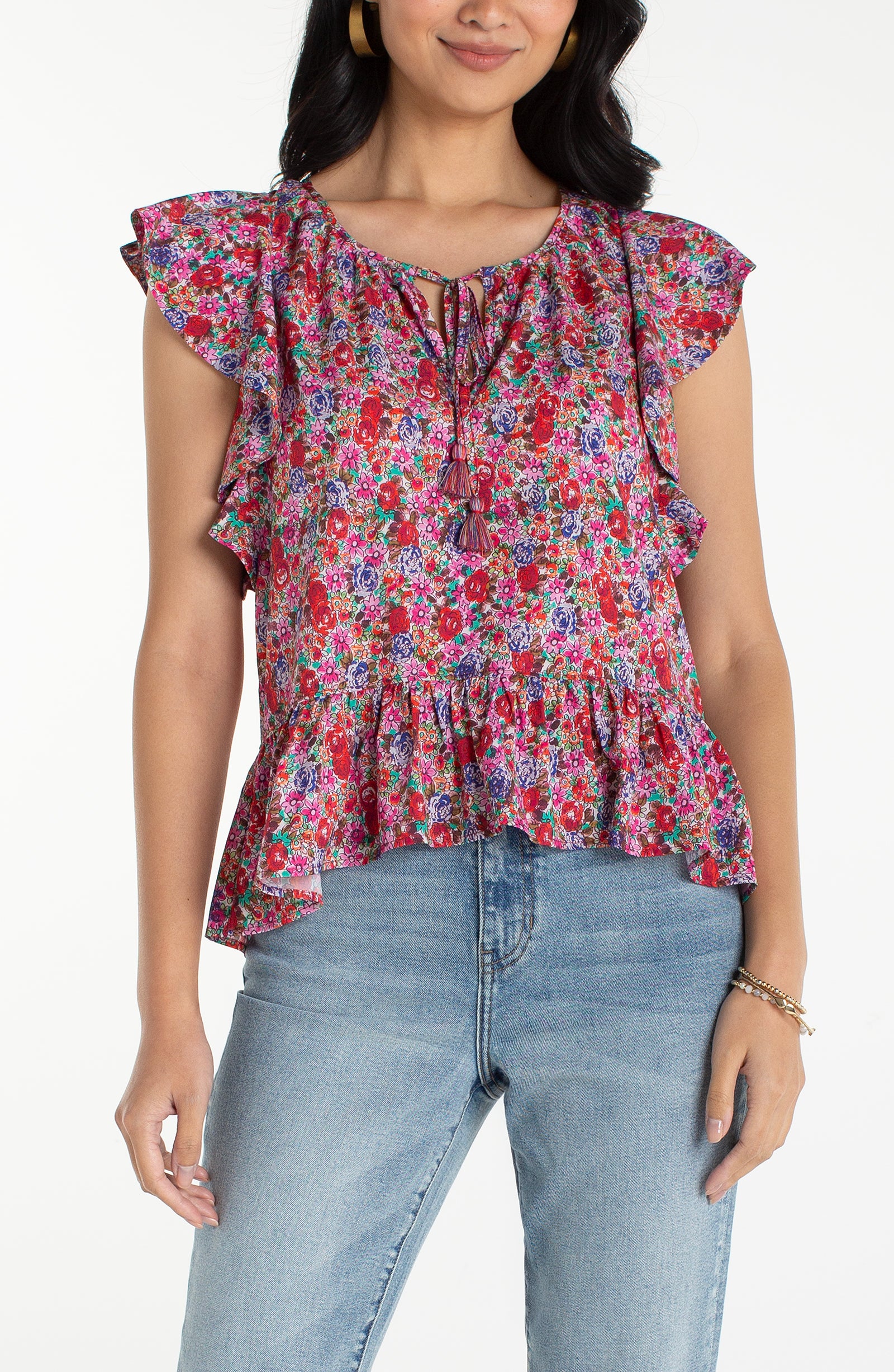 LPLA pink Multi Floral Flutter Sleeve Top