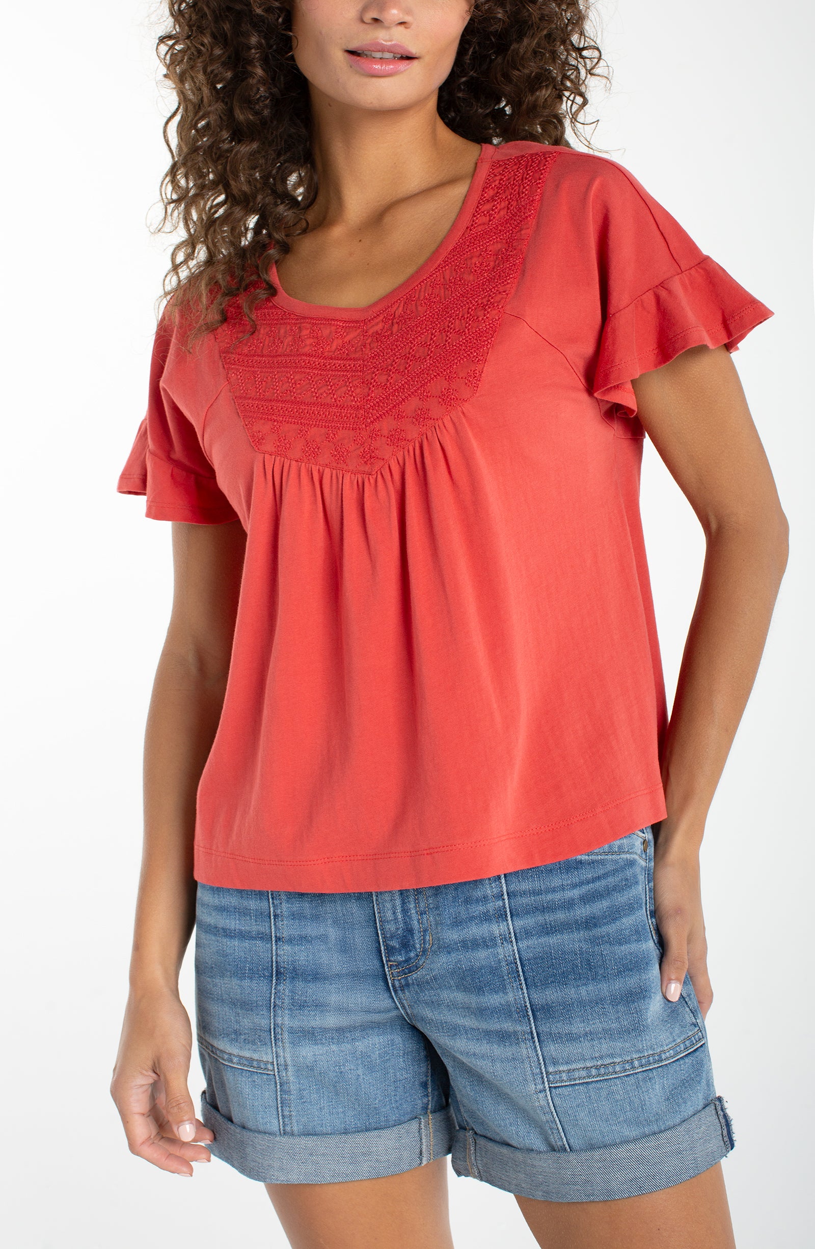 LPLA Flutter Sleeve Knit to Woven Top