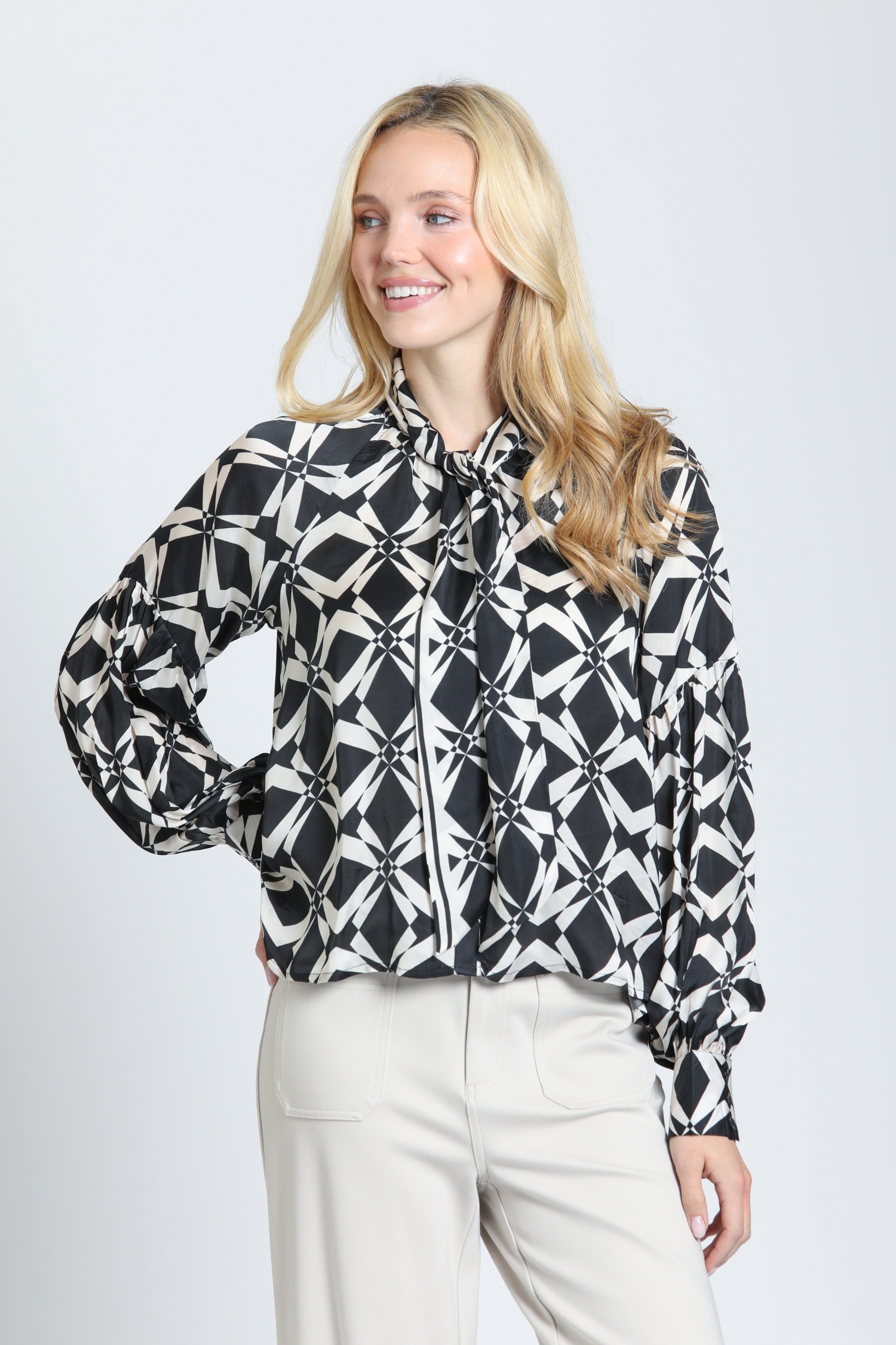 APNY Midnight & Ivory tie front blouse