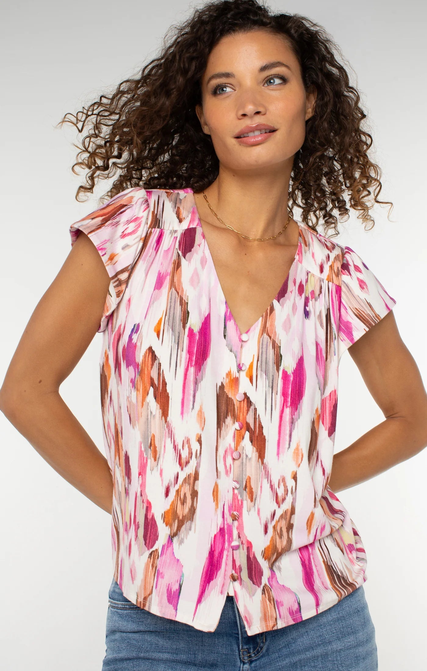 LPLA Pink IKAT Flutter Sleeve Top