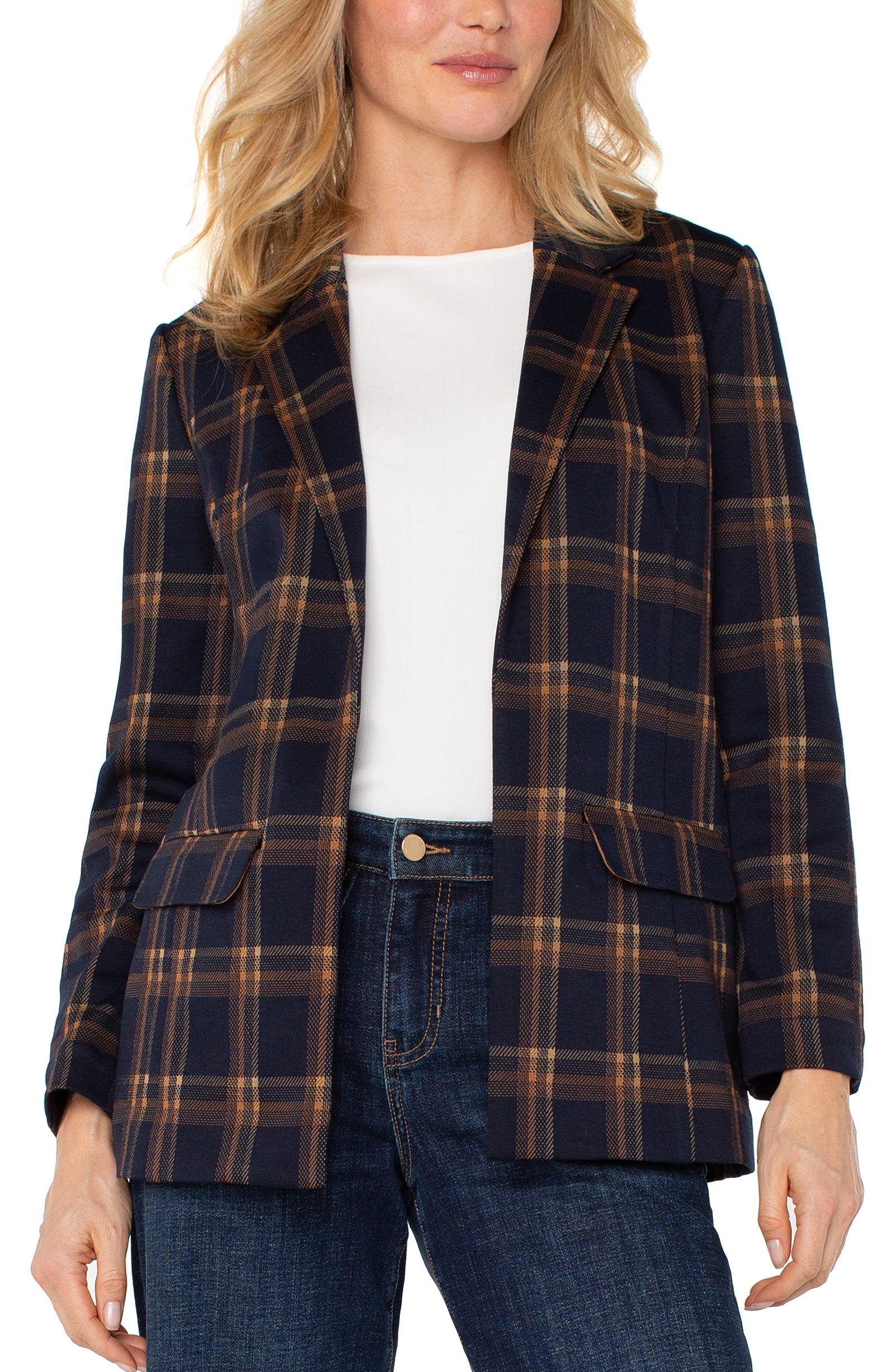 LPLA Navy & Toffee Plaid Boyfriend Blazer