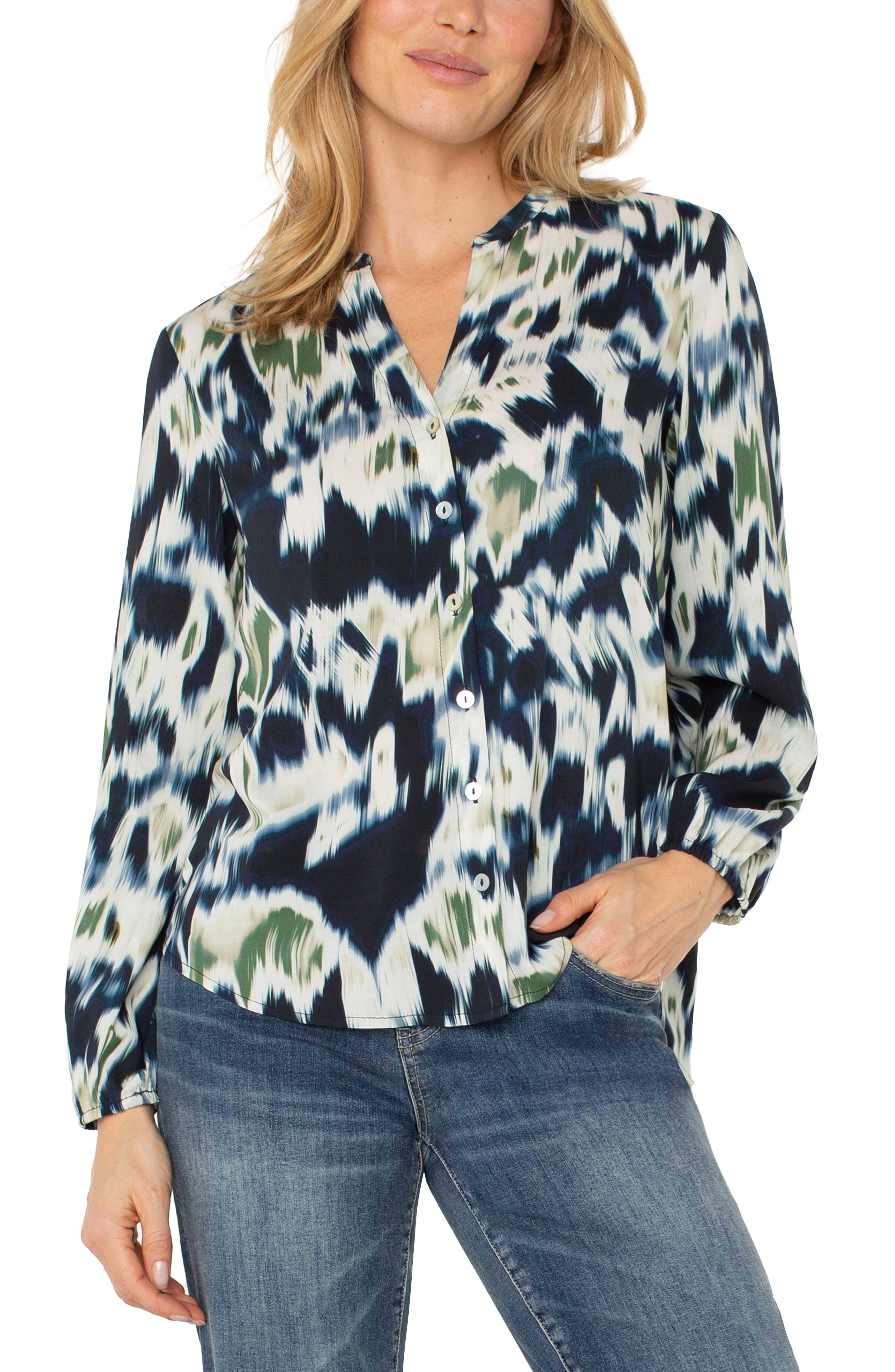 LPLA Navy/Green Ikat Long Sleeve Blouse